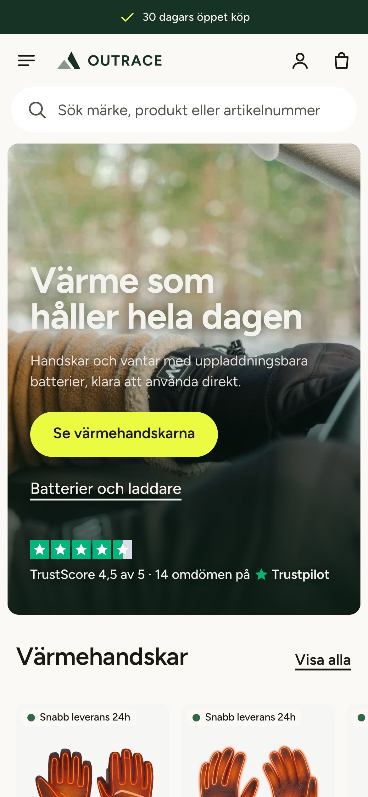 Startsidan på outrace.se i mobilen
